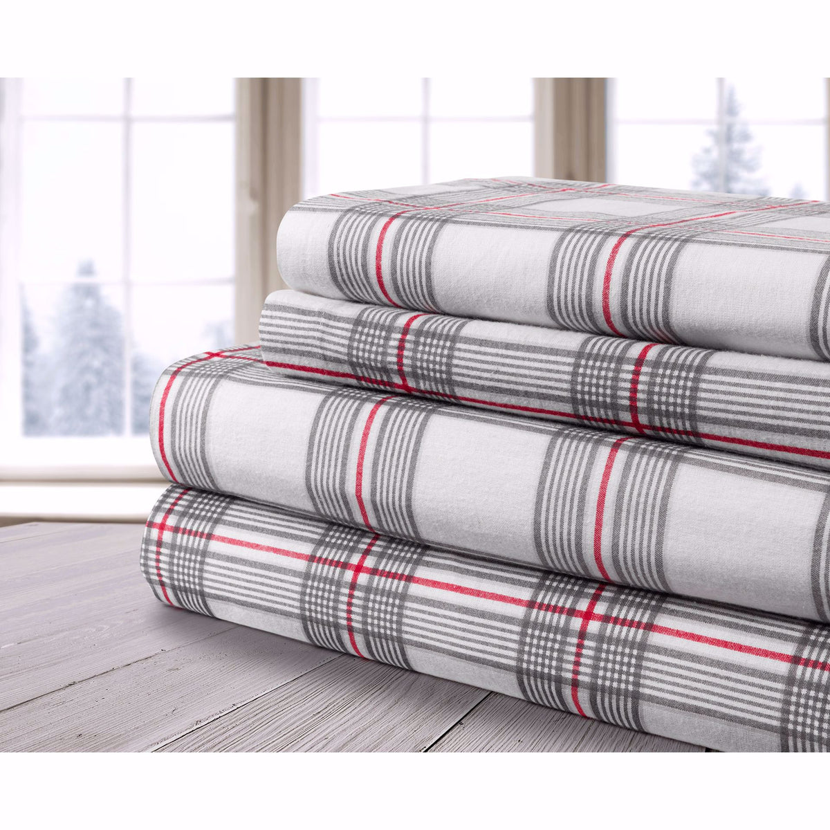 Ensemble de drap en flanelle blanc ligné gris et rouge 100% coton