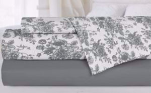 Ensemble de draps super doux unis et imprimés fleurs et feuillages gris et blanc TESORO